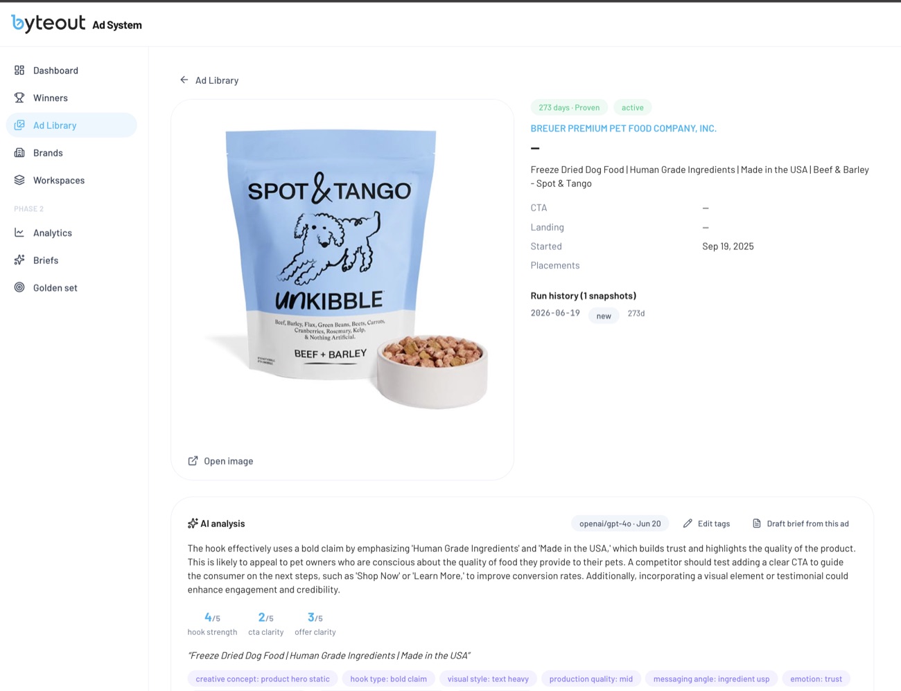 Byteout Ad System competitor ad analysis screen