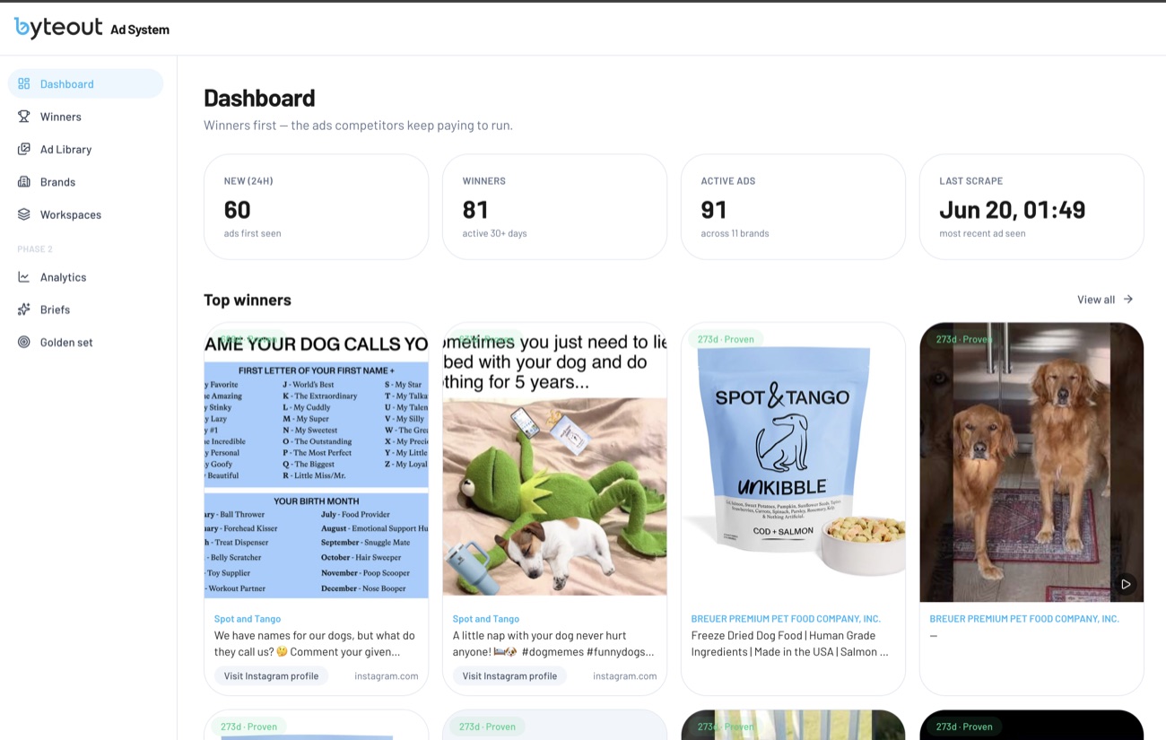 Byteout Ad System dashboard with active competitor ad winners