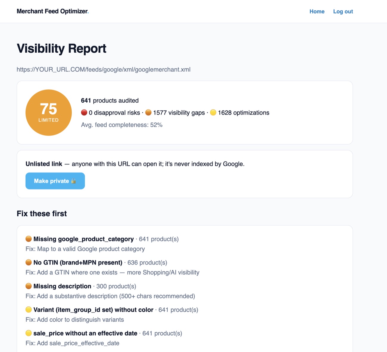 Merchant Feed Optimizer visibility report