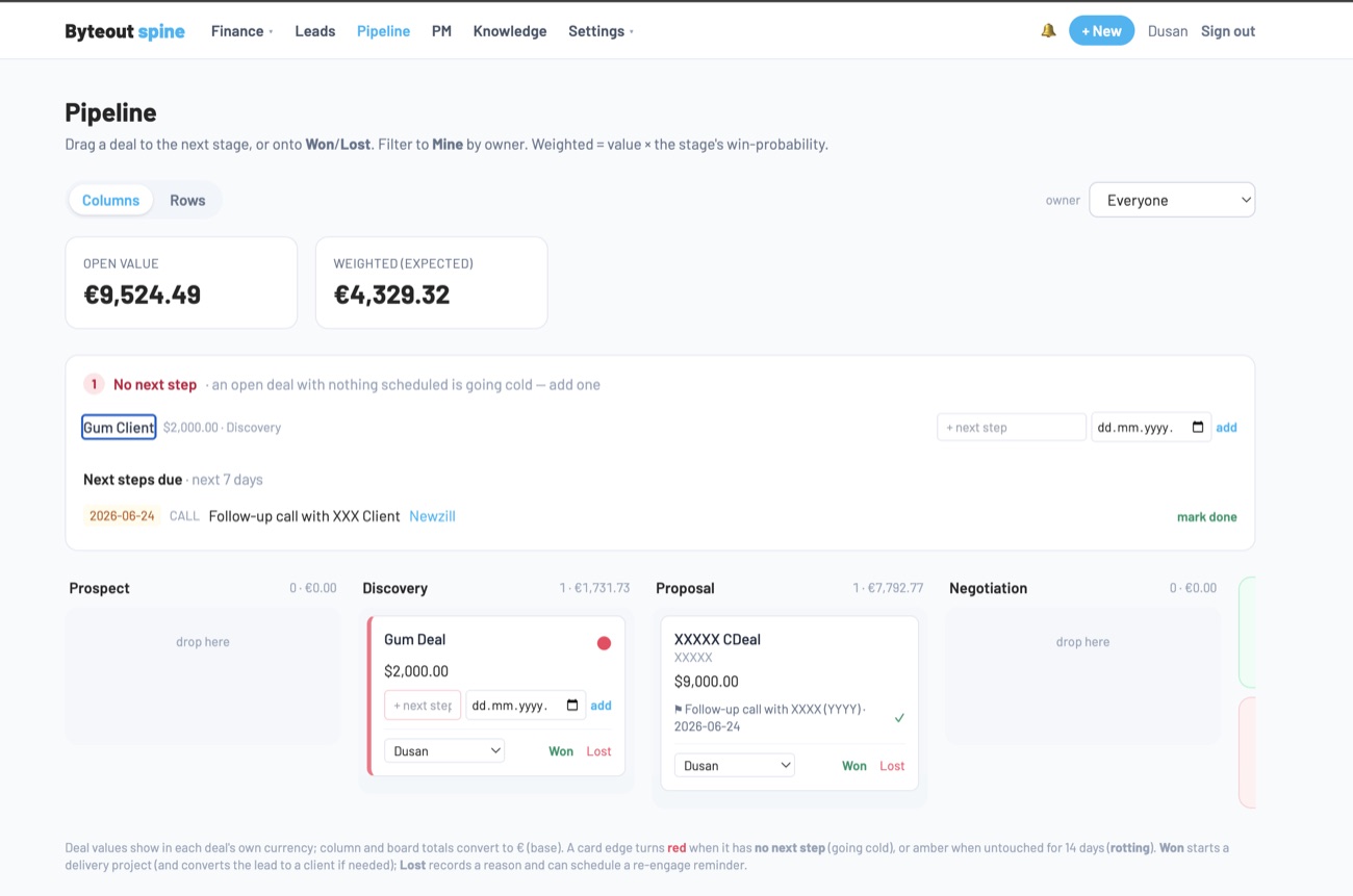Byteout Spine pipeline screen